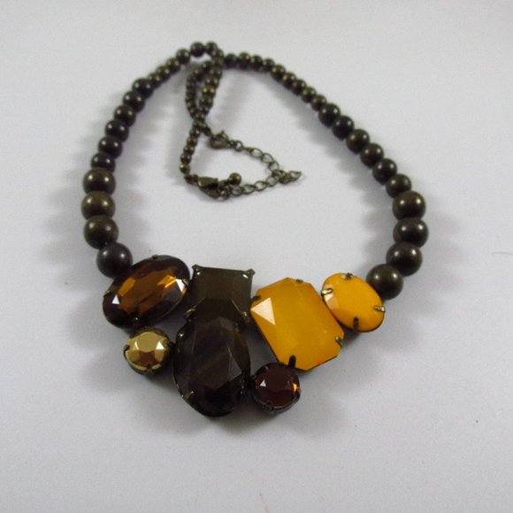 NR Jewelry - Vintage Signed (NR) Glass Gems Beaded Brass Statement Necklace